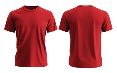 Blank red t-shirt mockup, front and back view, 3D rendering, white background 