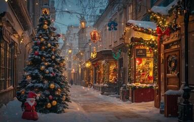 Fototapeta premium modern cozy street christmass tree with decorations toys and lights 