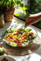 Fresh salad preparation with vibrant vegetables and greens. hand holds fork, ready to mix colorful ingredients like tomatoes, cucumbers, and peppers in clear bowl. setting is bright and inviting,