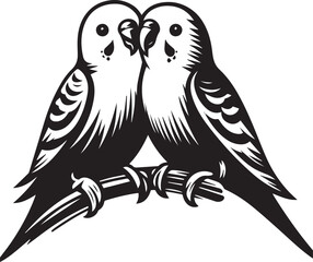 Engraved Illustration of Two Budgies Perched Together. A stylized, black and white, line art illustration of two budgies perched close together on a branch.