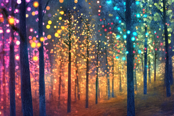Magical forest with Christmas trees and glowing lights Christmas card style pop art abstract artistic winter wonderland nature colorful woodland holiday background backdrop wallpaper with copy space