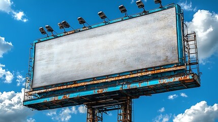 A large white billboard standing tall on an urban street surrounded by modern buildings and clear blue skies