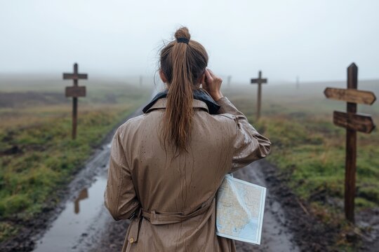 In the midst of foggy weather, a woman at a path intersection holds a map as she reflects on her choices, embodying adventure and the quest for clarity.