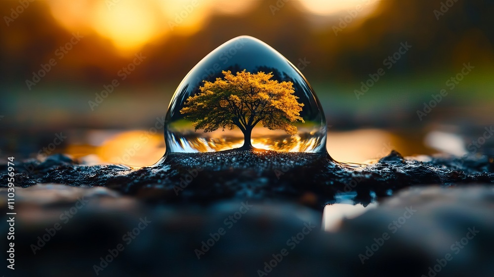 Wall mural A stunning macro shot showing a tree reflected inside a water droplet, with warm sunset colors creating a magical ambiance.