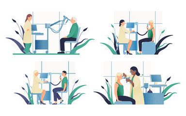 Set of Modern Flat Medical Insurance Illustrations. Kinds of Spirometry in Medical Office.