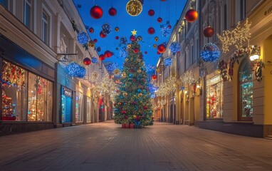 Fototapeta premium modern cozy street christmass tree with decorations toys and lights 
