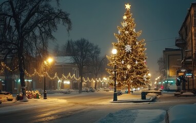Fototapeta premium modern cozy street christmass tree with decorations toys and lights professional photo 