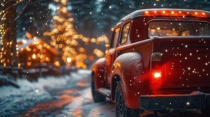 Happy New Year and Merry Christmas Red pickup truck adorned with Christmas lights in a winter wonderland setting during the holiday season