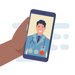 Medical Insurance. Modern Flat Vector Illustration of Hand Holding Smartphone with Male Doctor on a Screen of Smartphone. Medical Appointment Online Through Device Concept.