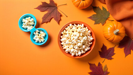A warm autumn setting with a bowl of popcorn, fall leaves, small pumpkins, and 3D glasses on a vibrant orange surface.