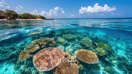 Reef Exploration and Underwater Photography. A vibrant underwater scene showcasing colorful coral reefs beneath crystal-clear waters, with a bright sky above and lush vegetation in the background.
