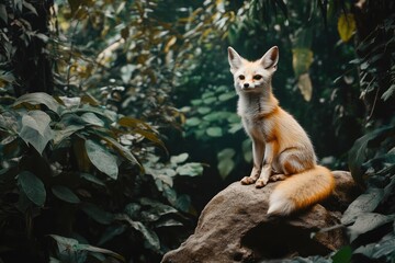 Obraz premium A Fennec Fox Sits Calmly Among Lush Green Foliage