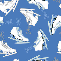 Beautiful Seamless Pattern Of White Pair Of Ice Figure Skates On Blue Background. Great For Wrapping Paper, Textile Decor. Mixed Flat Style And Outline. Vector illustration