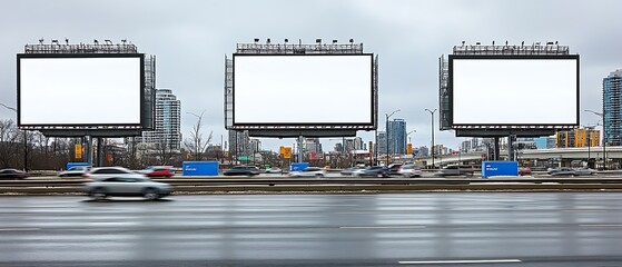 A massive white billboard on the side of a highway with vehicles speeding past and open sky in the background