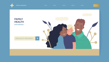 Family Health and Wellness. Modern Flat Vector Illustration. Happy Family of Parents and Child on Abstract Background. Insurance Landing Page Design Template. Website Banner.