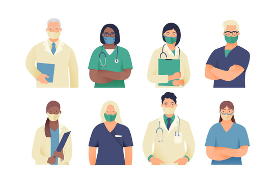 Medical Insurance. Best Doctors. Modern Flat Vector Concept Illustration. Medical Specialists in Masks. Doctors and Nurses Portraits, Team of Doctors.