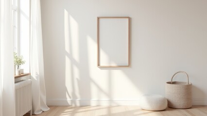 Family gallery walls. Minimalist interior with an empty frame, cushions, and woven basket in soft sunlight. Neutral tones create a serene atmosphere.