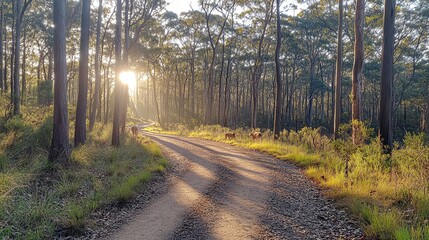 Obraz premium A serene forest path at sunrise with deer grazing nearby.