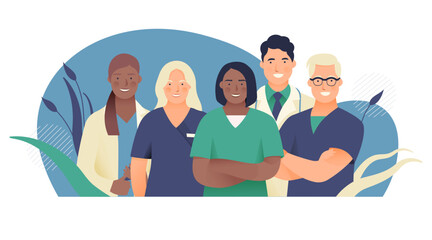 Medical Insurance. Internship Jobs. Modern Flat Vector Concept Illustration. Young Medical Specialists Standing Together, Team of Interns on Abstract Background.
