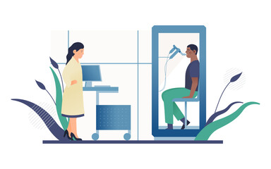 Female Doctor Standing near Plethysmography Testing Equipment with Male Patient in It. Plethysmography in Medical Office or Laboratory. Respiratory Diseases. Modern Flat Vector Illustration.