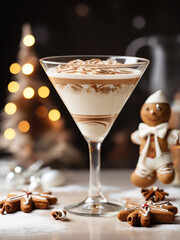 A glass of Gingerbread martini cocktail on the festive studio arrangement