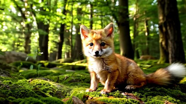 A cute fox walking in the summer forest. Baby fox, charming, with orange fur and bushy tail. Lush gree forest as background