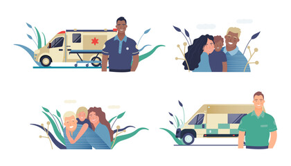 Set of Modern Flat Medical Insurance Illustrations. Happy Family, Ambulance Transport.