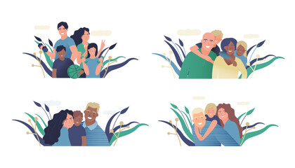 Set of Medical Insurance Template. Modern Flat Vector Illustration. Happy Families of Parents and Children, Embracing Together or Holding with Sport Equipment on Abstract Background.