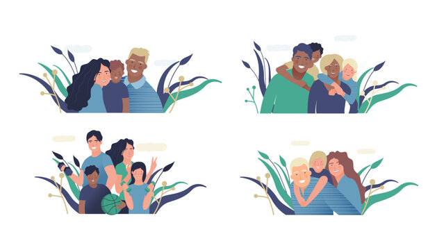 Set of Medical Insurance Template. Modern Flat Vector Illustration. Happy Families of Parents and Children, Embracing Together or Holding with Sport Equipment on Abstract Background.