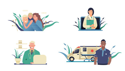Set of Modern Flat Medical Insurance Illustrations. Happy Family, Call Center, Medical Appointment, Ambulance.