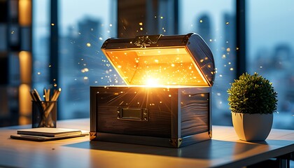 treasure chest glowing with light in modern office setting