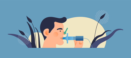 Young Male Doing Pulmonary Function Test on Abstract Background. Modern Flat Vector Illustration. Lung Function Test on Patient.