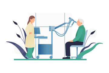 Doctor Standing near Pulmonary Testing System. Plethysmography on Senior Patient in Medical Office or Laboratory. Respiratory Diseases. Modern Flat Vector Illustration. Lung Function Test on Patient.