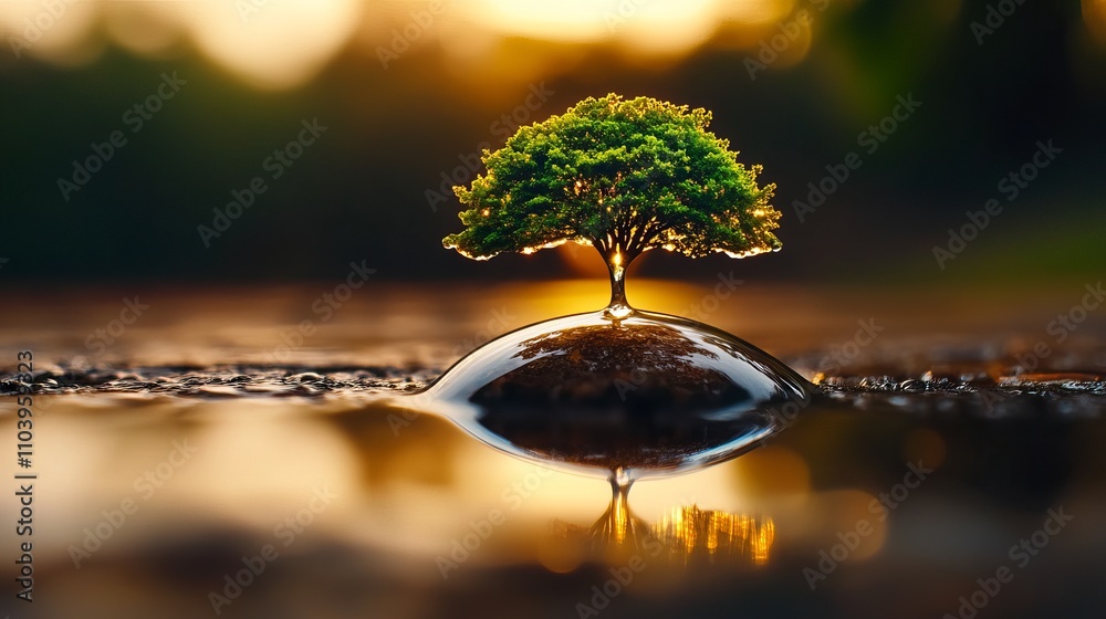 Poster A small green tree stands atop a water droplet, reflecting golden sunlight in a serene setting, capturing the essence of nature and tranquility.