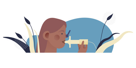 Young Female Doing Pulmonary Function Test on Abstract Background. Modern Flat Vector Illustration. Lung Function Test on Patient.