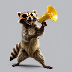 Cool raccoon hipster in sunglasses announcement. Marketing, sale, discount concept
