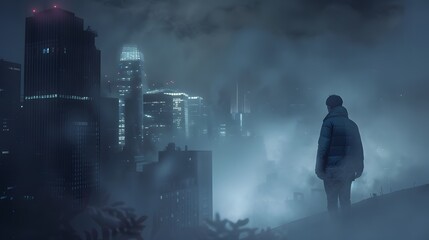 A Solitary Figure Observes A Foggy Cityscape At Night