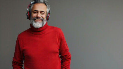 Fototapeta premium Mature man in red sweater enjoying music with headphones in a modern space