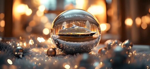 A joyful and cozy Christmas decoration. luxury cruise ship inside the ball.
