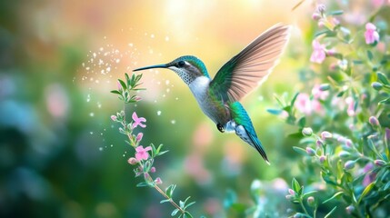 Naklejka premium Hummingbird in Flight Over Pink Flowers