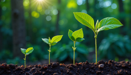Growth stages of young green seedlings in rich soil with sunlight shining in a lush garden