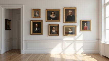 Family gallery walls. Sunlit room with framed portraits on the wall, a wooden sofa, plants, and floral arrangements near a large window.