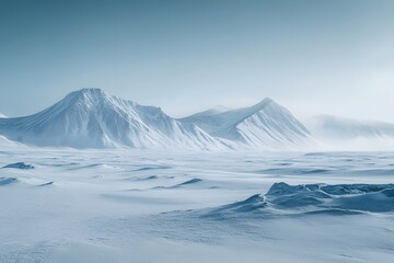 Obraz premium A scenic view of Antarctica's majestic snowy mountains under a clear blue sky with clouds, showcasing frozen beauty
