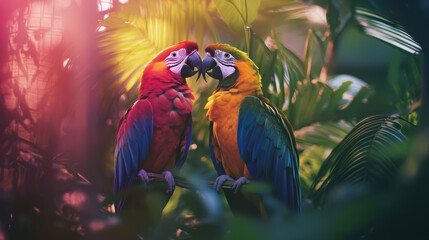 Fototapeta premium Colorful parrots in lush green setting, showcasing vibrant feathers and loving interaction. Their bright colors and playful demeanor create joyful atmosphere