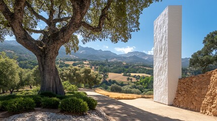 A towering white billboard in a quiet countryside setting next to a dirt path and grazing cattle
