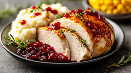 Sliced turkey breast with cranberry sauce, mashed potatoes, and herbs