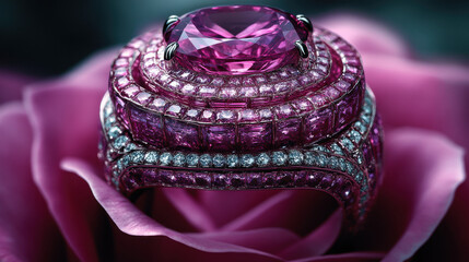 Obraz premium stunning red ruby ring adorned with sparkling diamonds rests on beautiful pink rose petal, creating elegant and luxurious display