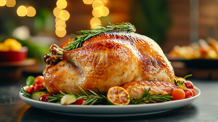 large roast turkey with crispy skin, garnished with fresh herbs and surrounded by colorful vegetables, creating festive and appetizing presentation