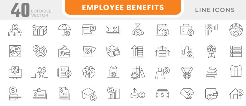 Employee Benefits line icon set. Reward, bonus, loyalty, star, winner, award, employee, bonuses, paid leave, maternity leave, pension, line icon set. UI thin line icon pack.