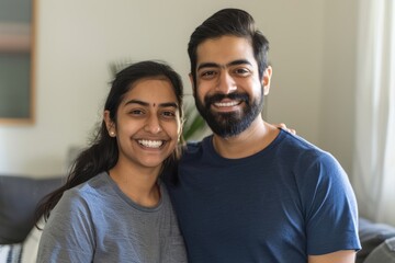 Fototapeta premium Portrait of a smiling indian couple in their 20s wearing a moisture-wicking running shirt in front of crisp minimalistic living room